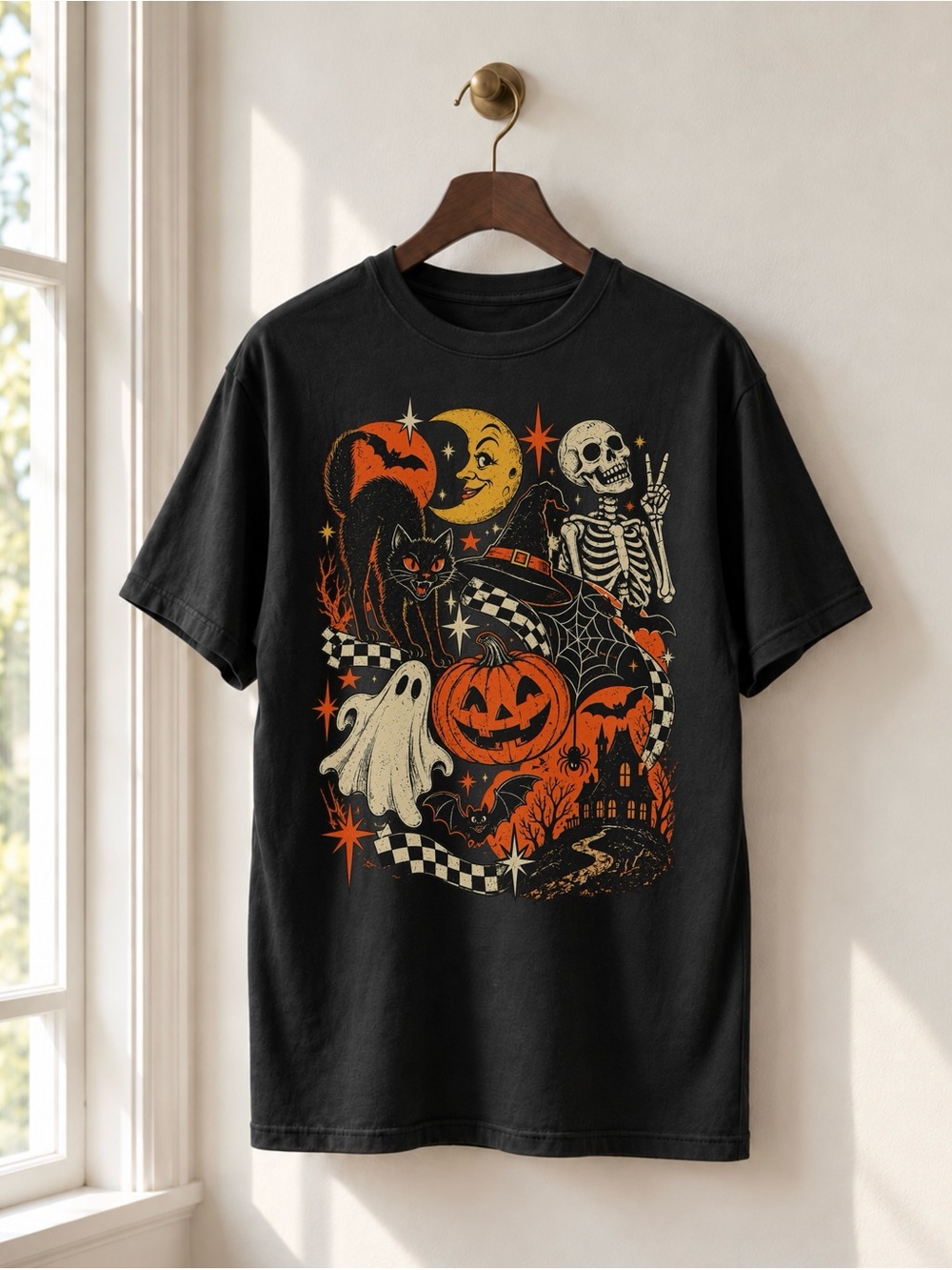 Black Cat Ghost Skeleton Unisex T-shirt Pumpkin Halloween Tee - Picture 2 of 5